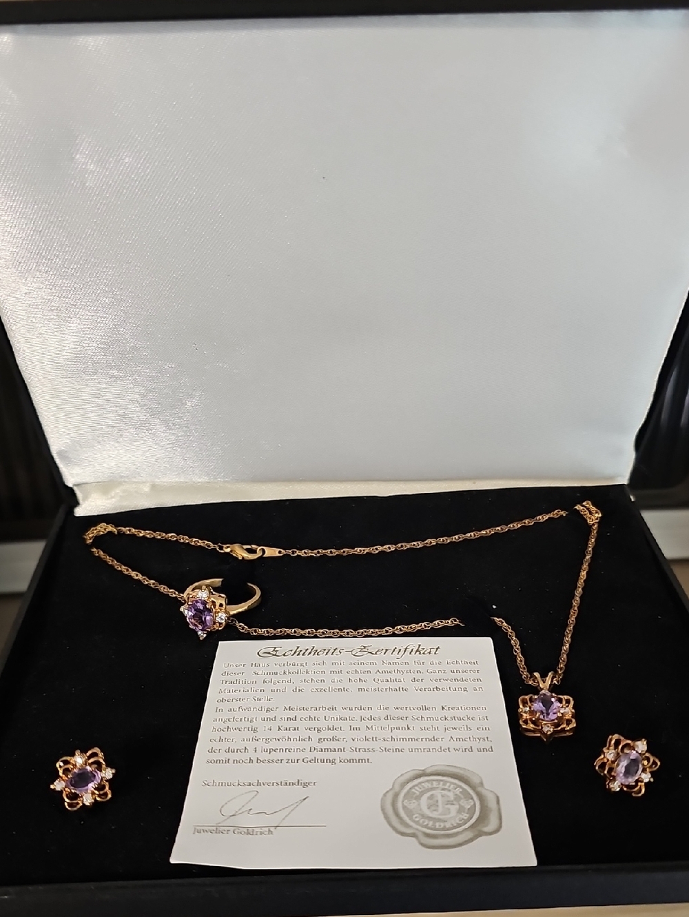 Gold-Tone Purple Crystal Jewelry Set - Necklace, Ring & Earrings